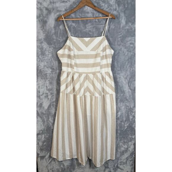 Linen Blend Neutral Beige Stripe Sleeveless Dress XL Midi Smocking Casual H&M - Picture 3 of 10
